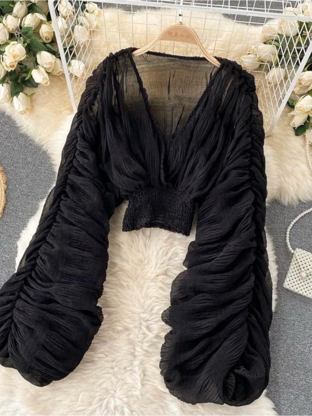 Black Ruched V-Neck Balloon Sleeve Top